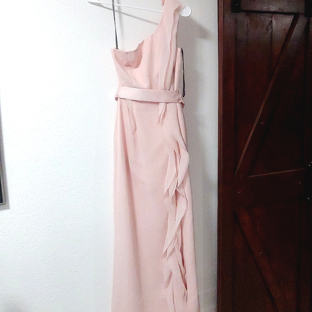 White Vera Wang Blush Pink Ruffle One Shoulder Bridesmaid Gown Dress Size 2